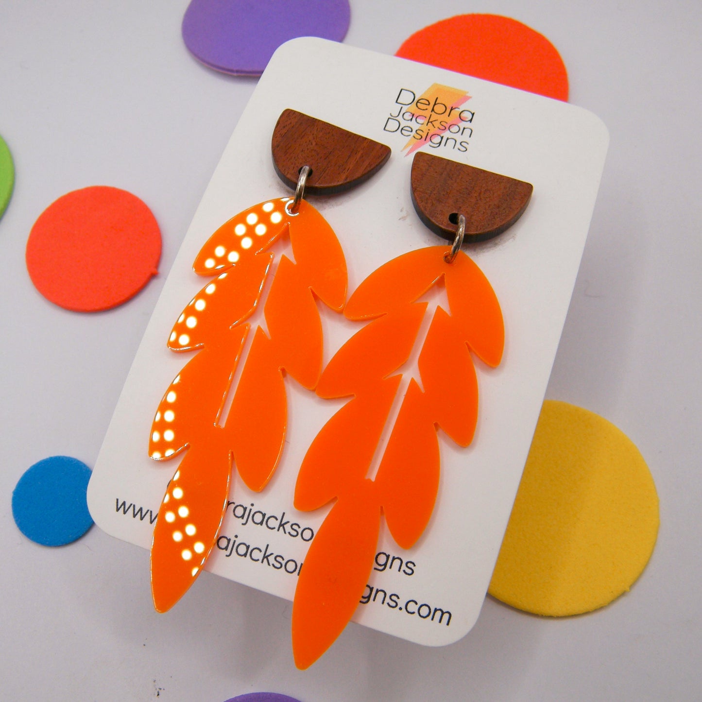Orange and wood feather earrings