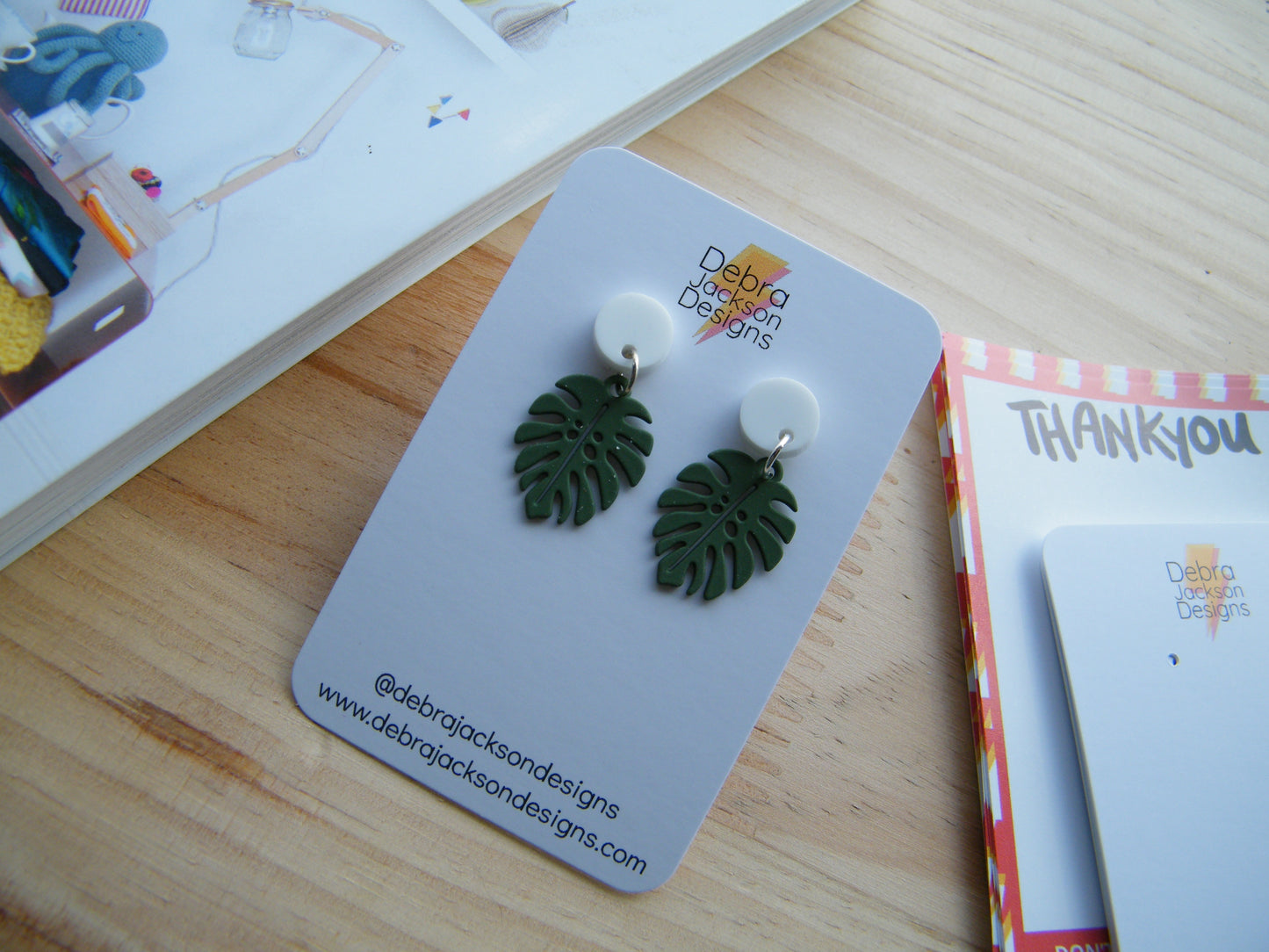 Khaki and white monstera earrings