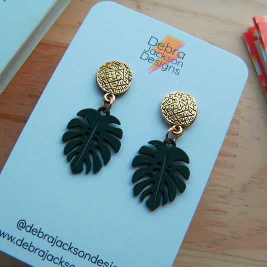 Black and gold monstera earrings