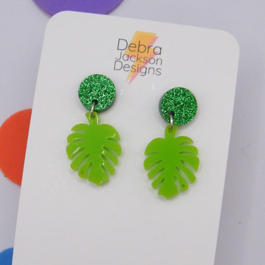 Green monstera earring