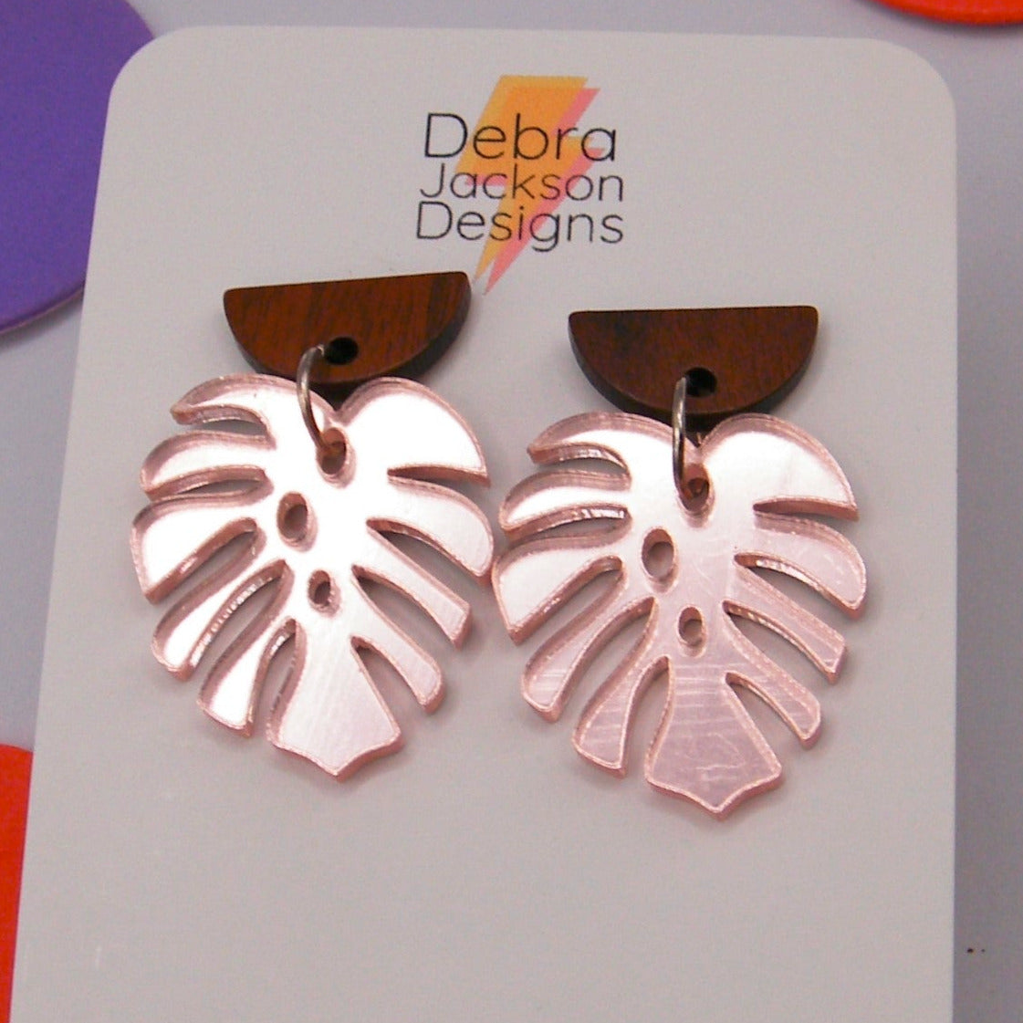 Pink mirror and wood monstera earrings