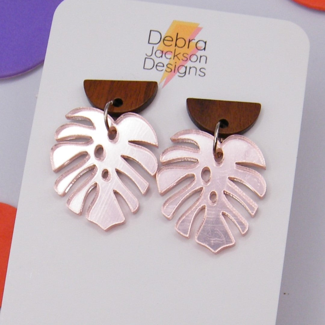 Pink mirror and wood monstera earrings