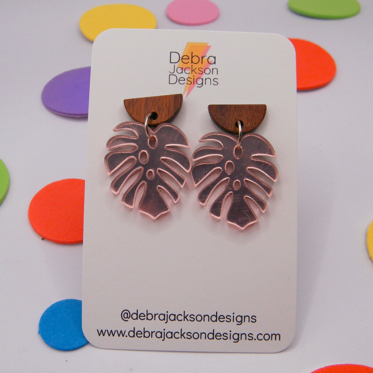 Pink mirror and wood monstera earrings