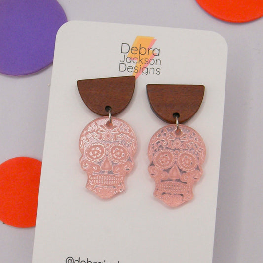 Pink mirror skull earrings