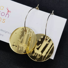 Load image into Gallery viewer, Gold deer scene hoop earrings