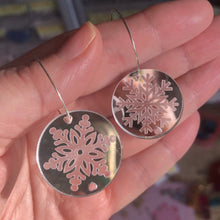 Load image into Gallery viewer, Silver snowflake hoop earrings