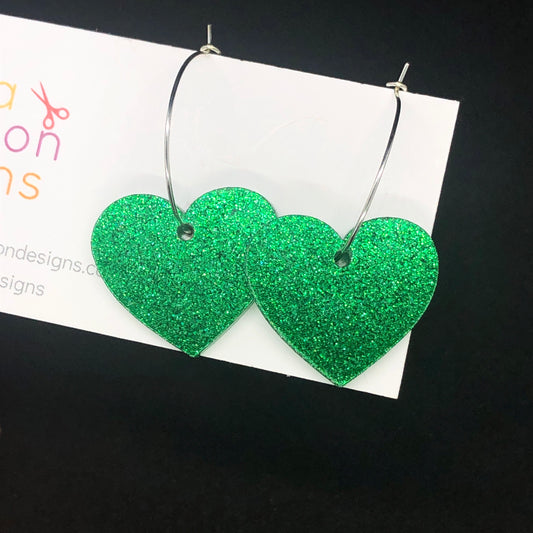 Green heart hoop earrings