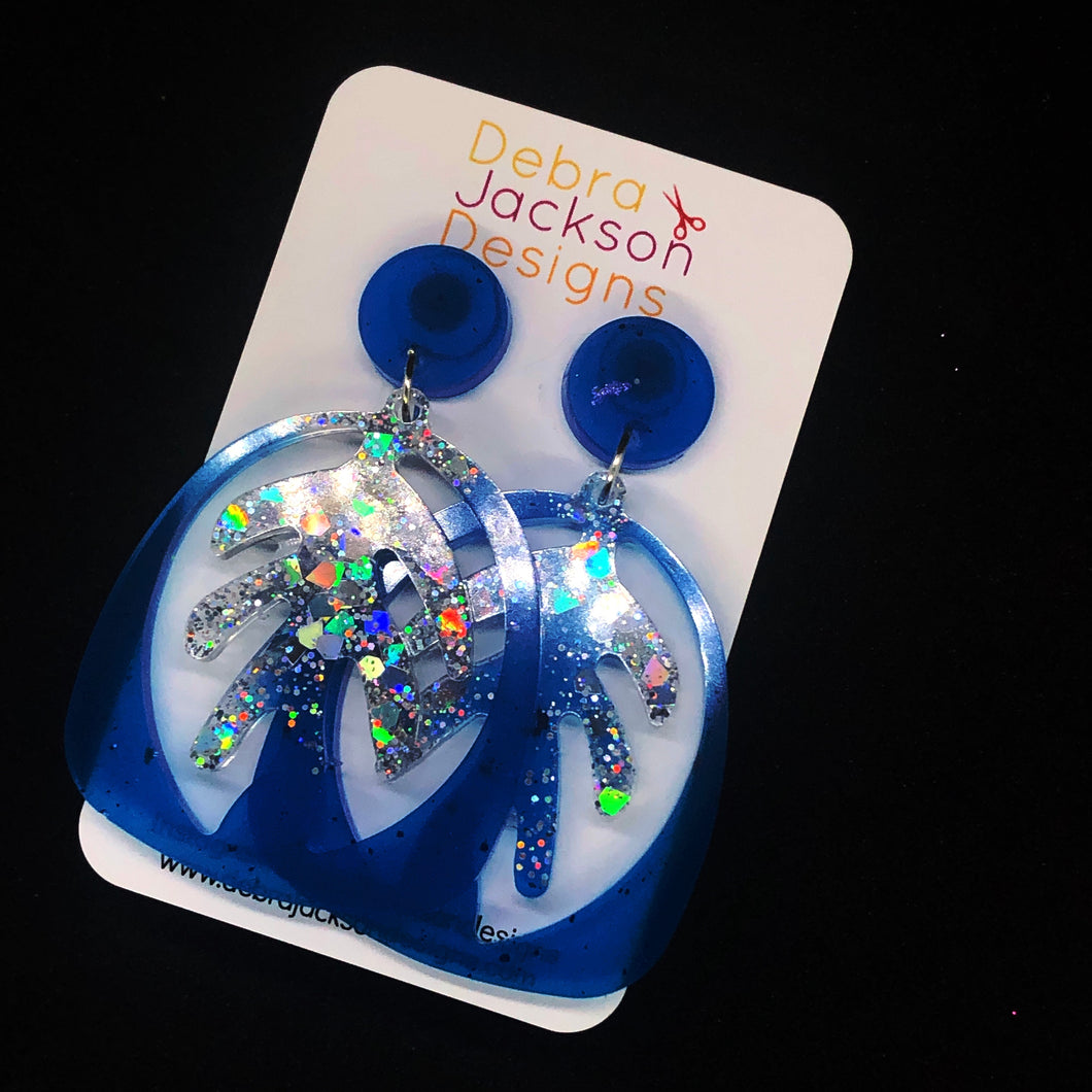 Blue and silver palm earrings