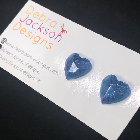 Blue resin and purple glitter heart stud earrings