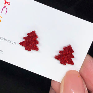 Red glitter Christmas tree stud earrings