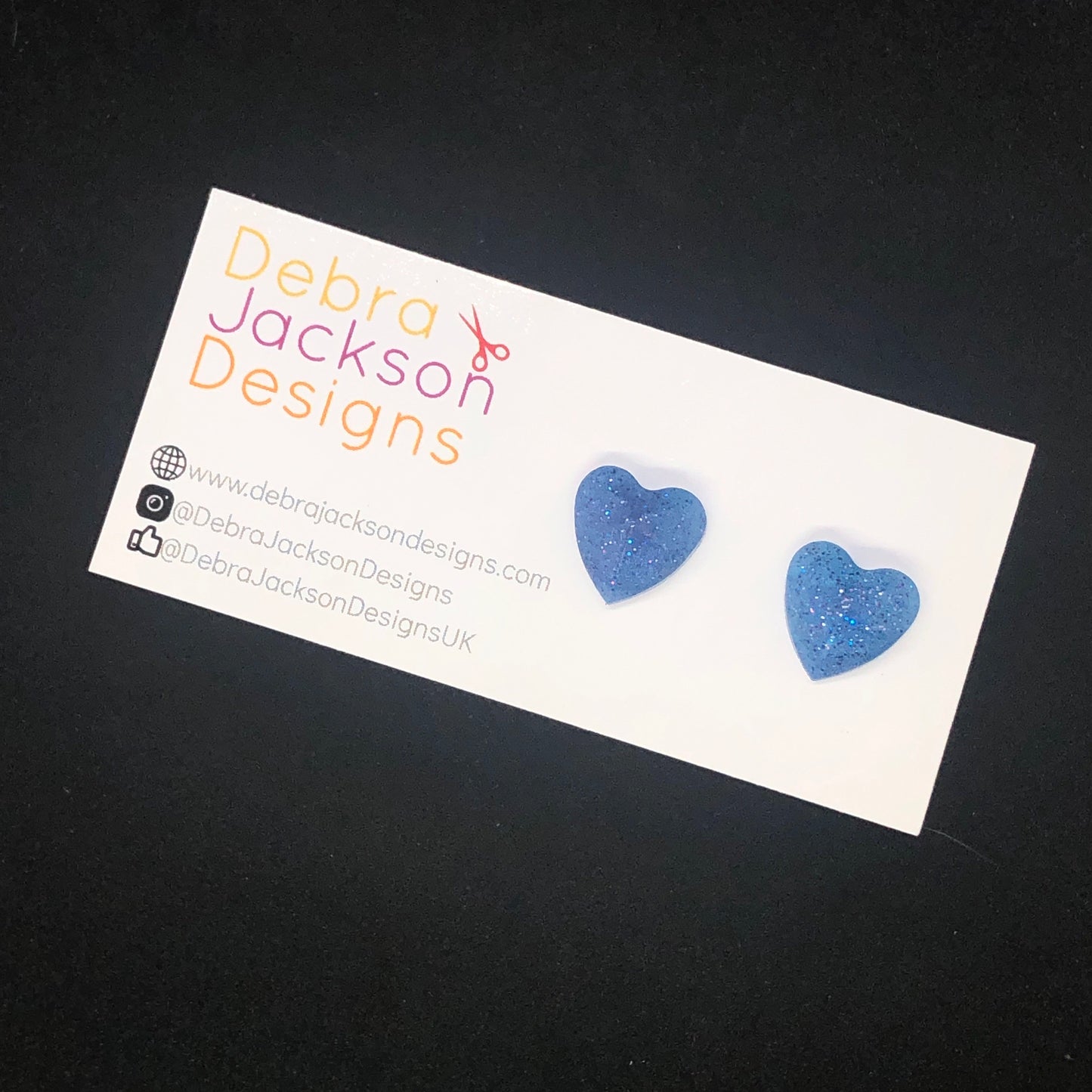 Blue resin and purple glitter heart stud earrings