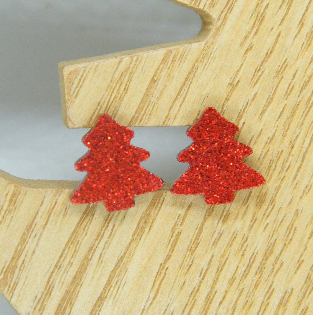 Red glitter Christmas tree stud earrings